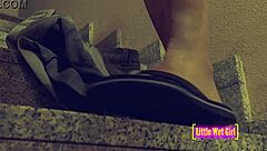 desperate stair piss soaks shorts and panties!