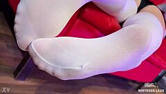 Goddess's Big Booty Foot Tease in White Stockings on Red Couch