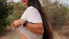 girl next door flashes tits while fingering in forest