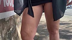 Ela flashes no panties on street and public bus ride