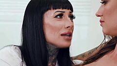 tattooed babes devour shaved pussies in tribbing heat