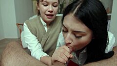 Wife Guides Girl In Passionate Double Blowjob