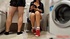 brunette milf sneaks sucking cock in toilet hidden homemade
