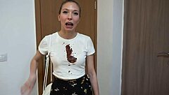 Skinny tanned brunette with braces teases cock on tinder hookup