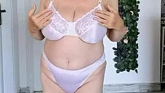 Hey granny, shake those big natural tits in lingerie