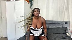 Naughty ebony maid plays with huge black dildo solo