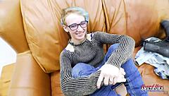 nerdy blue haired teen sucks big cock swallows every drop