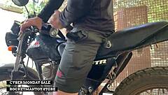 Man straps rocketman sex toy to motorbike for shaking orgasm in public shop