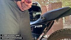 Man straps rocketman sex toy to motorbike for shaking orgasm in public shop