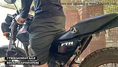 Man straps rocketman sex toy to motorbike for shaking orgasm in public shop