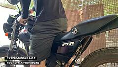 Man straps rocketman sex toy to motorbike for shaking orgasm in public shop
