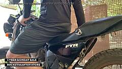 Man straps rocketman sex toy to motorbike for shaking orgasm in public shop