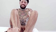 tatted tommy gets milf sandy love's sloppy oiled blowjob cowgirl and footjob