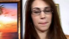 horny cute teen glasses girl strokes massive cock barehanded