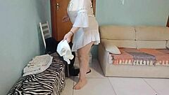 Milf tidies house in see-through dress no panties
