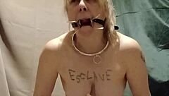 Bound slave masturbates with clips outdoor