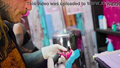Tattooed skinny babe joins big dick foursome with sloppy blowjobs