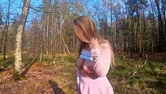 curvy blonde bombshell outdoor forest fuck ends in creampie