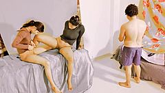 uttaran20's petite brunettes team up for ffm blowjob handjob and squirting fun