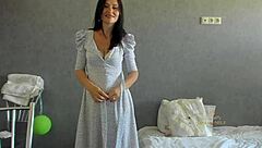 Milf teases young lover with white panties before dancing
