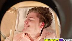 sexy chubby lesbians on massage table titty fuck huge tits then invite guy for fun