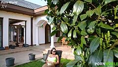 curvy cleaning lady gives outdoor deepthroat