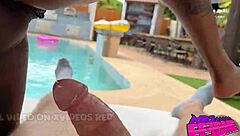Interracial creampie doggystyle by pool outdoors