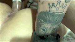 redhead slut deepthroats double anal penetration