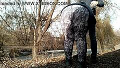 Curvy milf flashes hairy pussy outdoors on frosty street