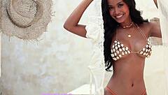 horny asian woman removes orange bikini