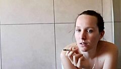 Cute bathroom smoking girl next door in softcore solo