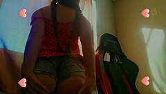 Horny student with pigtails shows butt and touches pussy