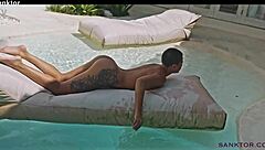 Sanktor shaved head lesbian masturbates in the tropic villa