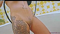 Sanktor shaved head lesbian masturbates in the tropic villa