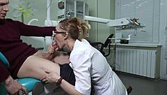 hot dentist with glasses swallows thick cum