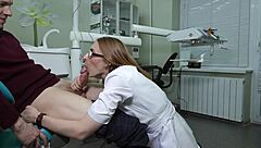 hot dentist with glasses swallows thick cum