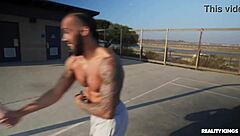 Bikini redhead gets face fucked by muscular stud outdoors