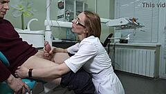 hot dentist with glasses swallows thick cum