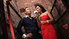 Gorgeous romanian babe with huge natural breasts fucks asian boyfriend in lift