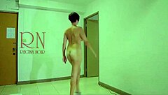 Slim flexible girl removes white dress and underwear gracefully