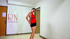 Slim flexible girl removes white dress and underwear gracefully