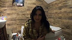 Milfycalla does pee play in bathtub wearing fur coat