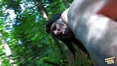 Deep in forest she has fun with two lucky guys