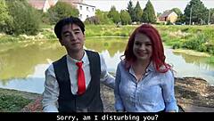 Redhead uses natural curves to seduce producer outdoors publicly