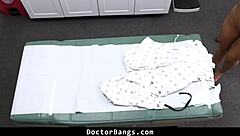 Shy brunette nurse drops to knees for big cock sucking