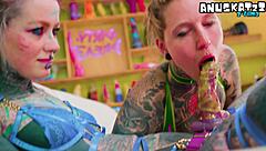 Alt tattooed cuties in shiny latex lesbian strap-on fuck with german dirty talk