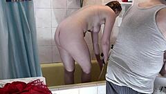 Home nudism naturists adult neighbour man shaves in bathroom while cute brunette virgin naked girl takes shower old and young 18+ natural tits girl wet pussy perfect ass big butt milf stockings fetish