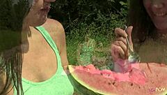 wholesome outdoor lesbian picnic and delicious watermelon for refreshments and kinky play