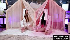 petite redhead and brunette enjoy group session with partners