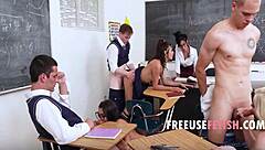 Blonde teacher takes classroom group cum